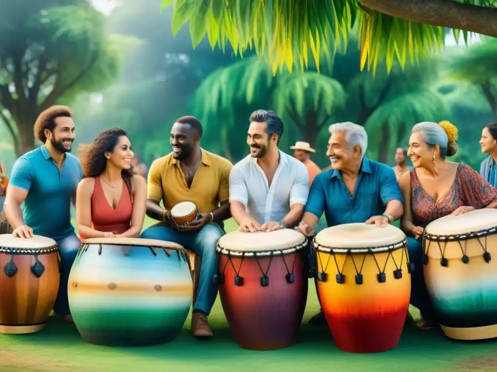 Vibrante círculo de tambores: comunidad y alegría en Uruguay Grupo diverso disfruta candombe en parque verde Uruguay, conexión y alegría, beneficios salud mental candombe Uruguay