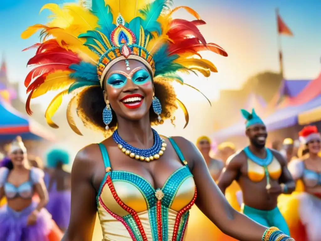 Grupo diverso en Carnaval, bailando con trajes reciclados llenos de plumas y abalorios, en medio de una vibrante celebración comunitaria al atardecer