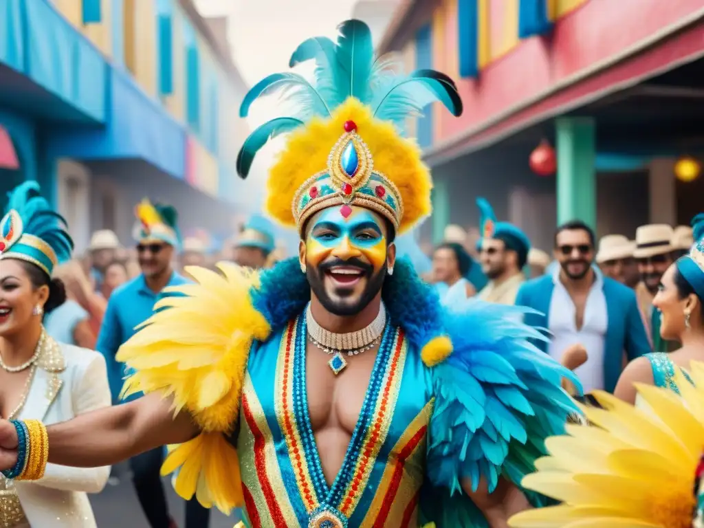 Grupo diverso y colorido en trajes de carnaval, celebrando con alegría y orgullo en comparsas LGBT+ Carnaval Uruguayo