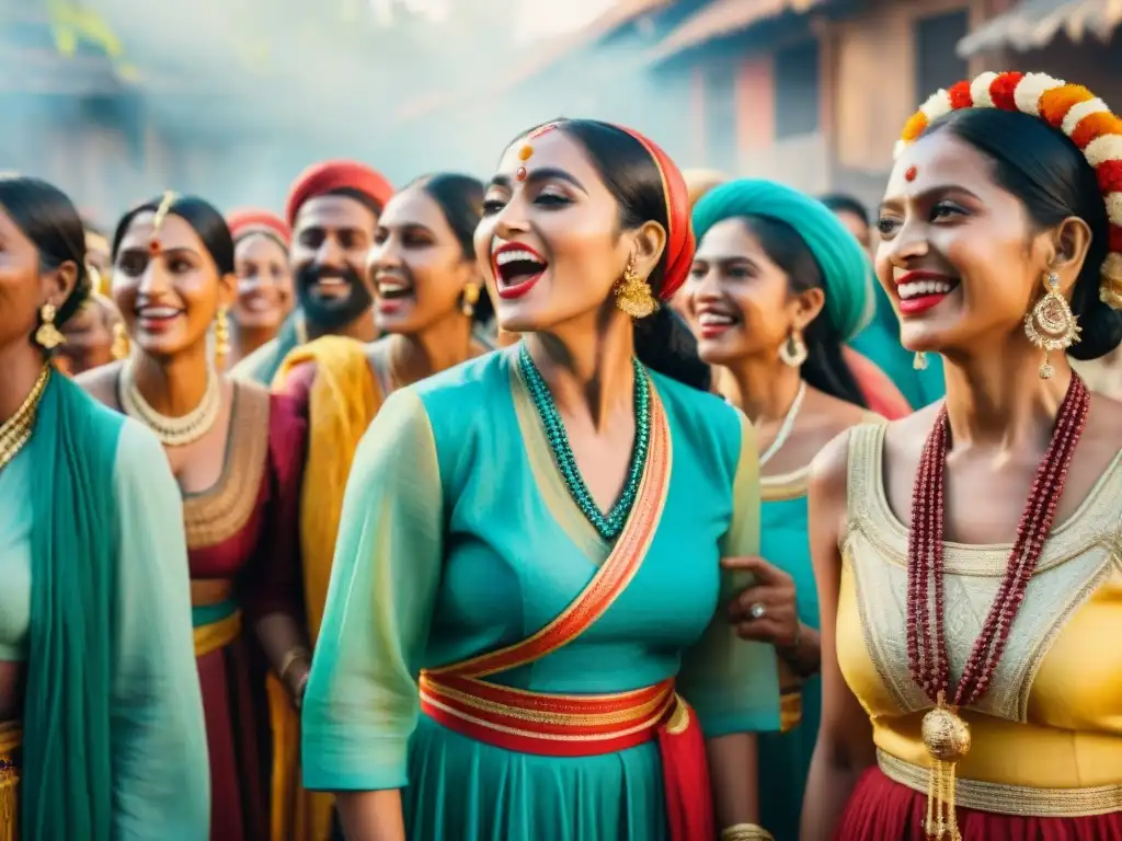 Grupo diverso en curso intensivo de canto actuación murga, celebrando la comunidad y la alegría en vibrantes colores