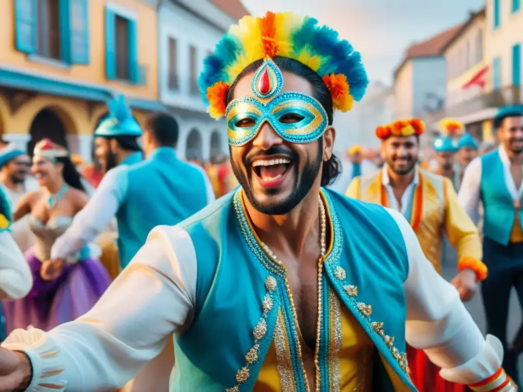 Grupo diverso bailando con entusiasmo en el Carnaval de Uruguay, Seguro de viaje Carnaval Uruguayo