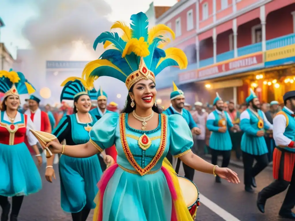 Grupo diverso de inmigrantes en el Carnaval Uruguayo, celebrando juntos la festividad colorida y alegre