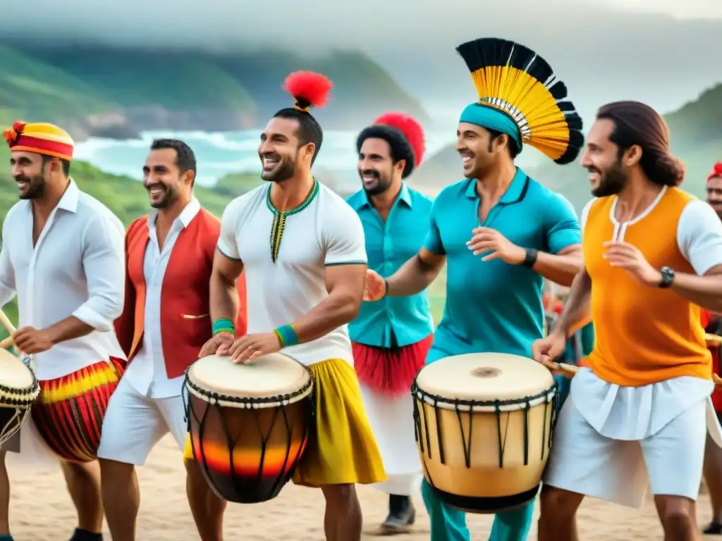 Candombe alegre: Baile y tambores en Uruguay Grupo diverso disfruta sesión de Candombe en Uruguay, beneficios salud mental candombe Uruguay