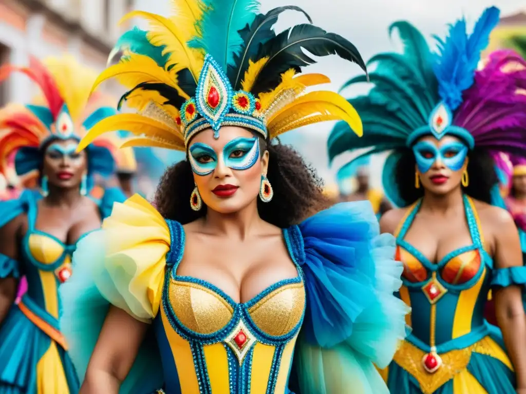 Un grupo diverso de mujeres seguras y empoderadas en vibrantes trajes de carnaval, celebrando la inclusividad y diversidad del Carnaval Uruguayo