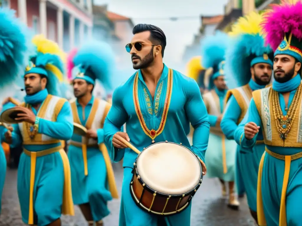 Grupo diverso de músicos en el Carnaval de Uruguay con protección auditiva, rodeados de coloridos trajes y festividad