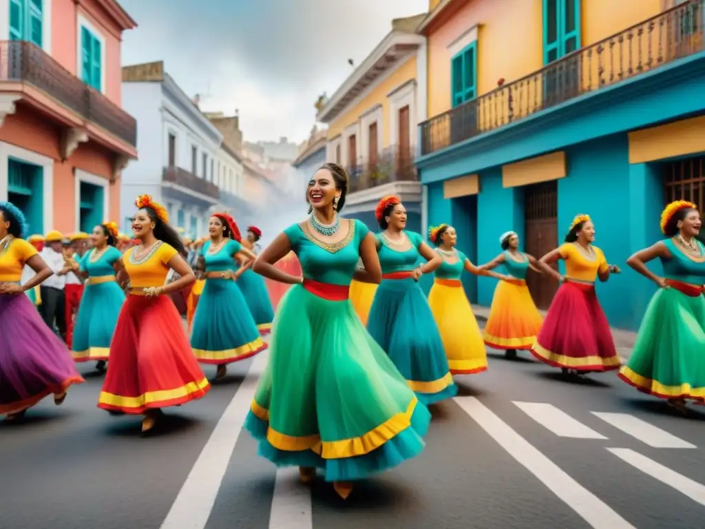 Grupo diverso bailando con pasión al ritmo de tambores de Candombe en desfile callejero en Uruguay