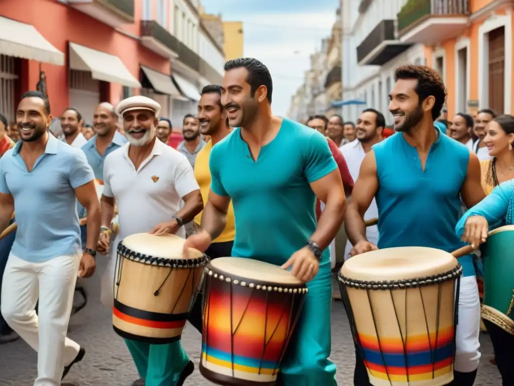 Grupo diverso de personas tocando tambores de Candombe en desfile colorido en Montevideo, Uruguay