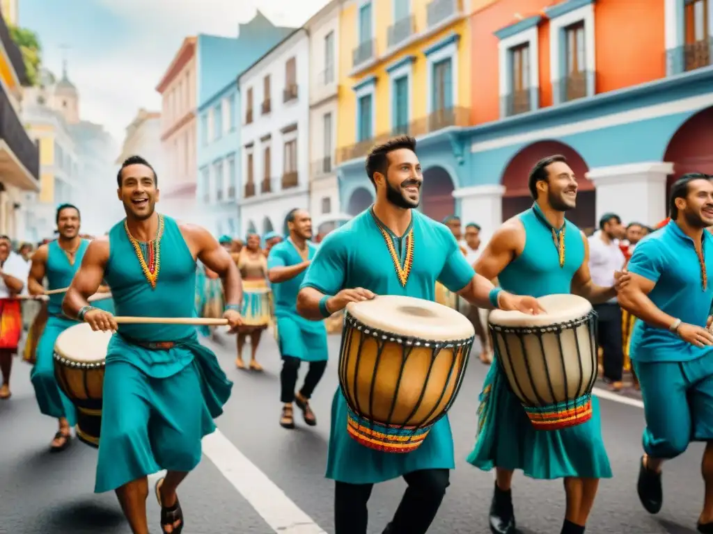 Grupo diverso de personas toca tambores uruguayos en desfile callejero, mostrando historia del candombe en Uruguay