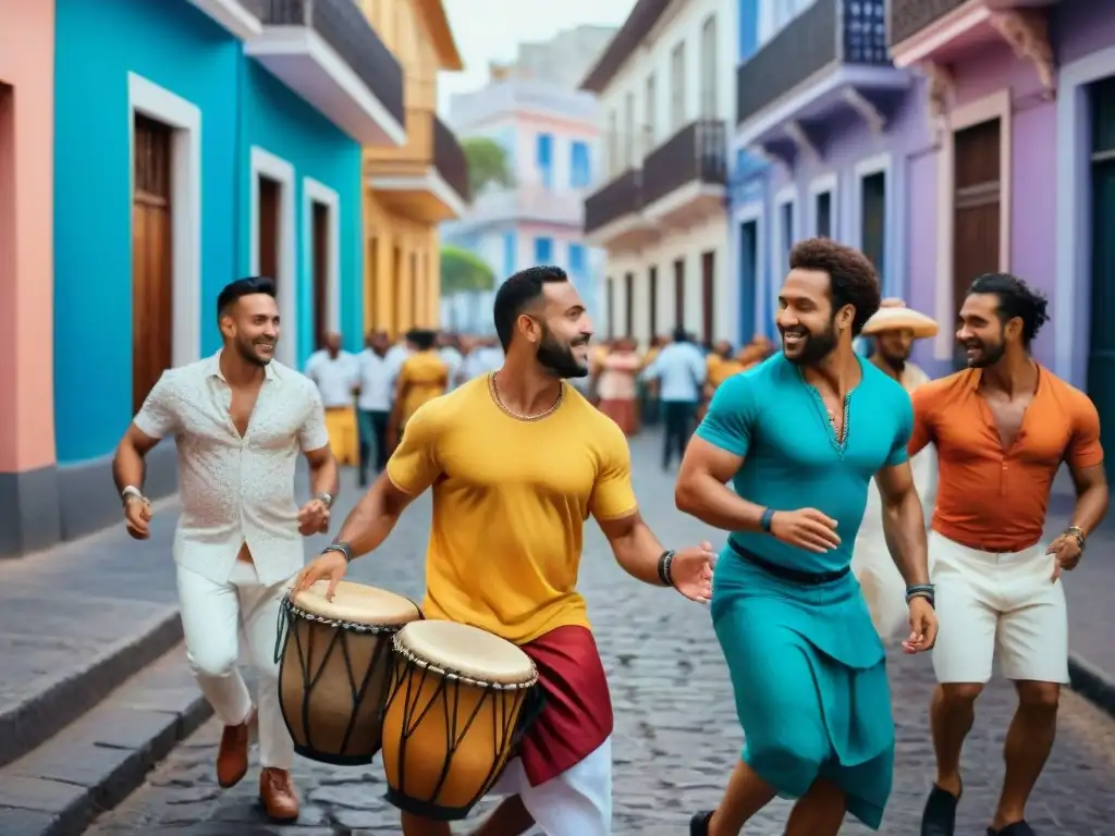 Grupo diverso bailando al ritmo de tambores de Candombe en animado taller cultural en Uruguay