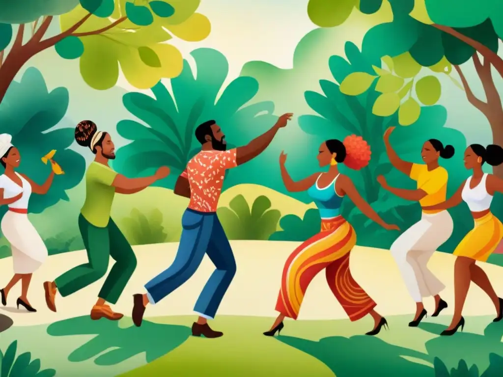 Danza comunitaria: celebración multicultural en el parque Grupo diverso bailando alegremente al ritmo de tambores de candombe en un parque verde, uniendo culturas y celebrando la salud mental en Uruguay