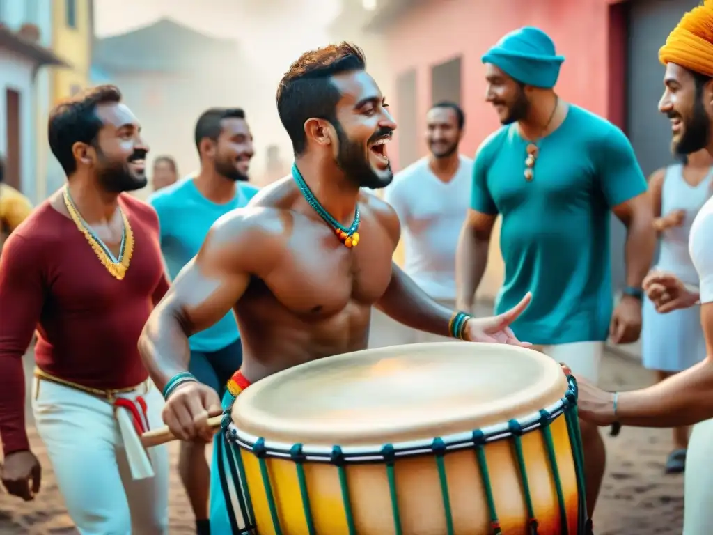 Grupo diverso en taller de Candombe en Uruguay: tambores, baile y pasión cultural