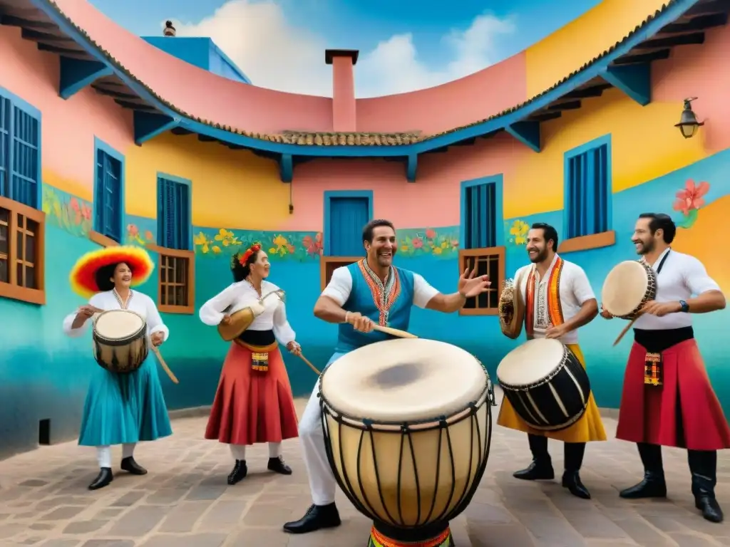 Grupo diverso disfruta talleres de Candombe en Uruguay: vestimenta y tambores vibrantes en un patio colorido