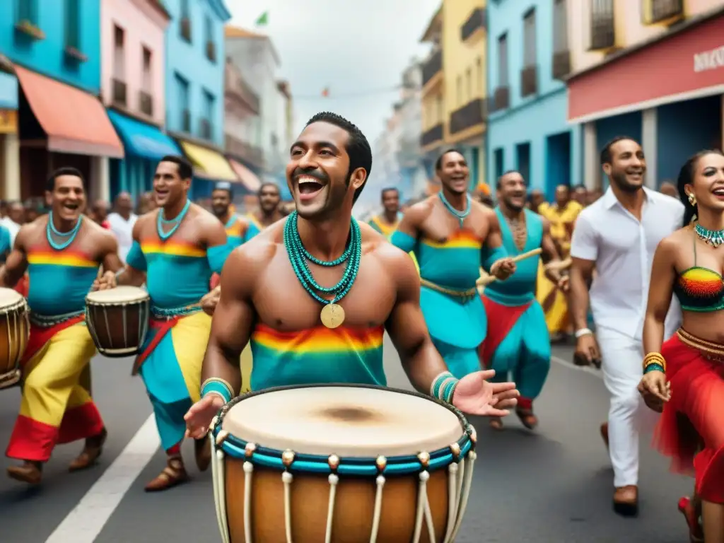 Grupo diverso tocando tambores de Candombe en desfile callejero en Uruguay