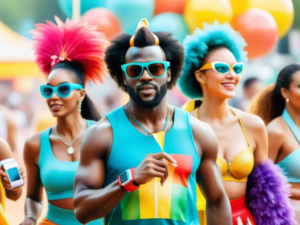 Grupo diverso en trajes de carnaval, luciendo dispositivos de monitoreo de salud