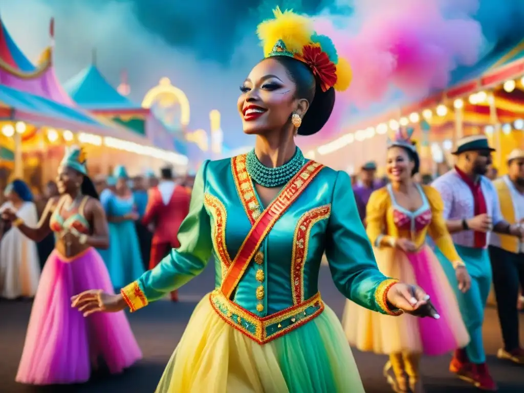 Grupo diverso bailando con trajes coloridos en un carnaval