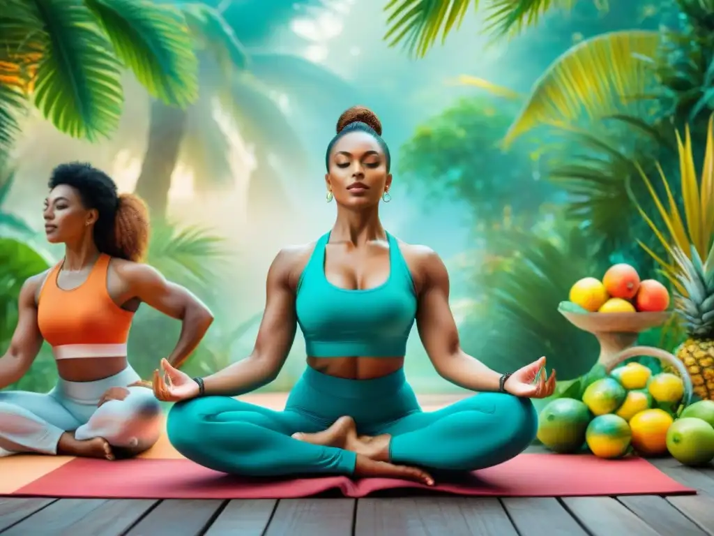 Un grupo diverso se relaja con yoga y alimentos nutritivos en la exuberante naturaleza postCarnaval