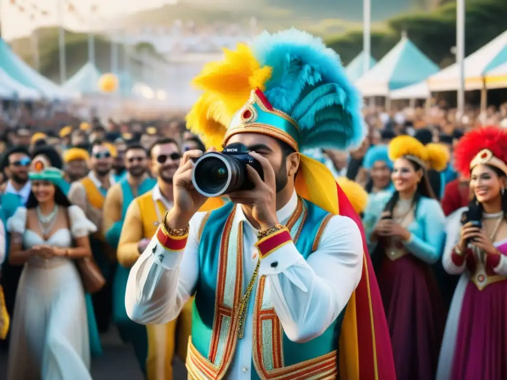 Grupo de fotógrafos capturando el vibrante Carnaval Uruguayo con sus cámaras, ajustando técnicas y disfrutando la festividad