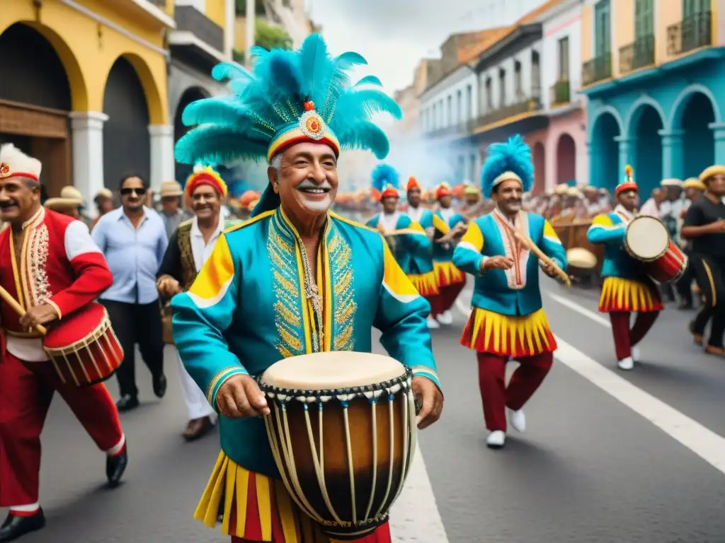 Grupo de grandes maestros del Candombe Uruguayo tocando tambores en desfile callejero vibrante