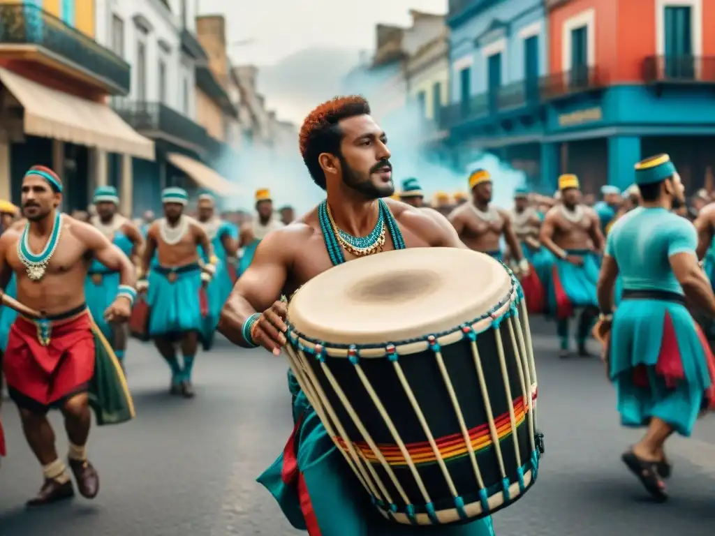 Grupo de grandes maestros del Candombe Uruguayo tocando tambores rodeados de coloridos bailarines durante el Carnaval en Uruguay