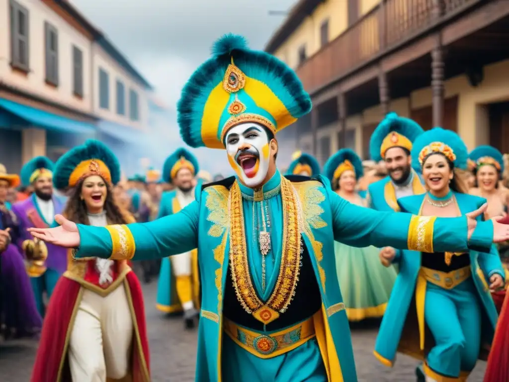 Grupo de guiones parodias Carnaval Uruguayo en escena con coloridos trajes y energía festiva