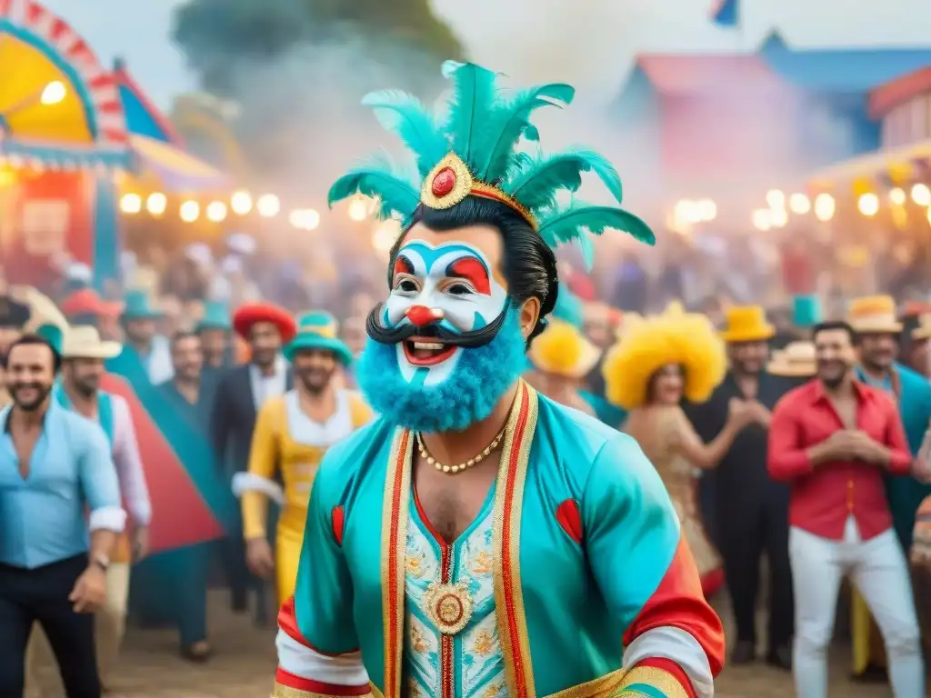 Grupo de humoristas carnavales uruguayos creando conexión con el público en un escenario colorido