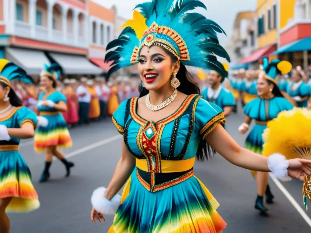 Grupo de jóvenes bailarines en trajes tradicionales del Carnaval Uruguayo, derrochando energía e innovación en el desfile