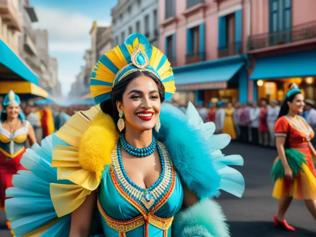 Un grupo de Mujeres en el Carnaval Uruguayo desfilando con trajes vibrantes en Montevideo, irradiando fuerza y empoderamiento