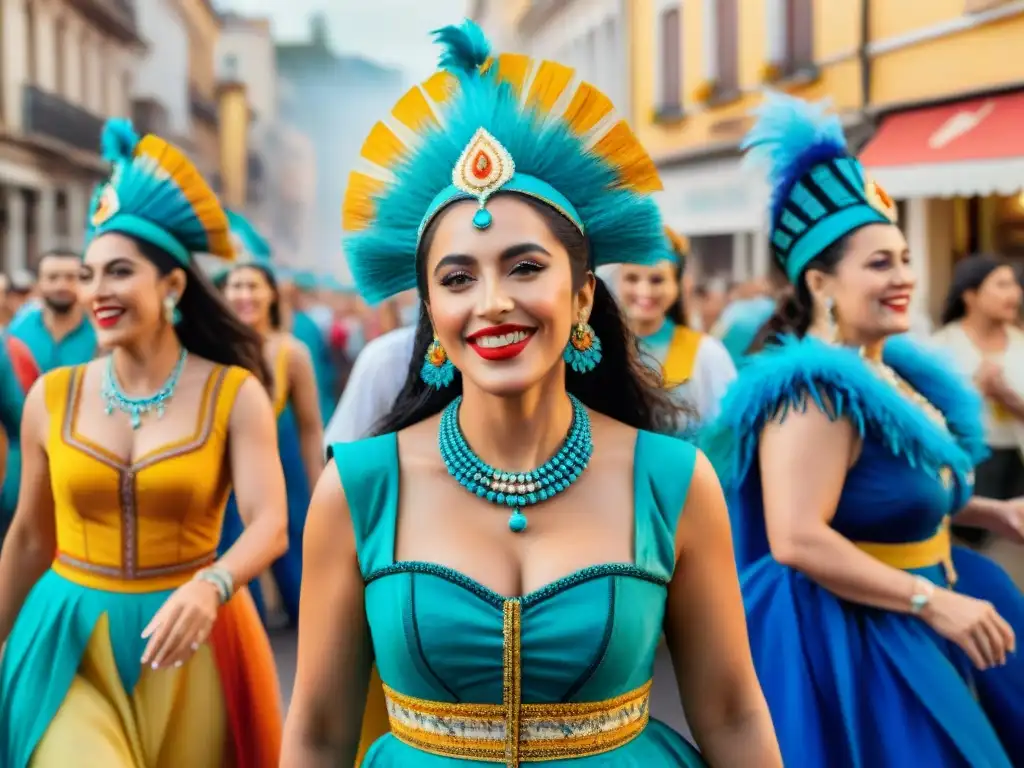 Un grupo de Mujeres en el Carnaval Uruguayo desfilando con empoderamiento y solidaridad en las coloridas calles de Montevideo