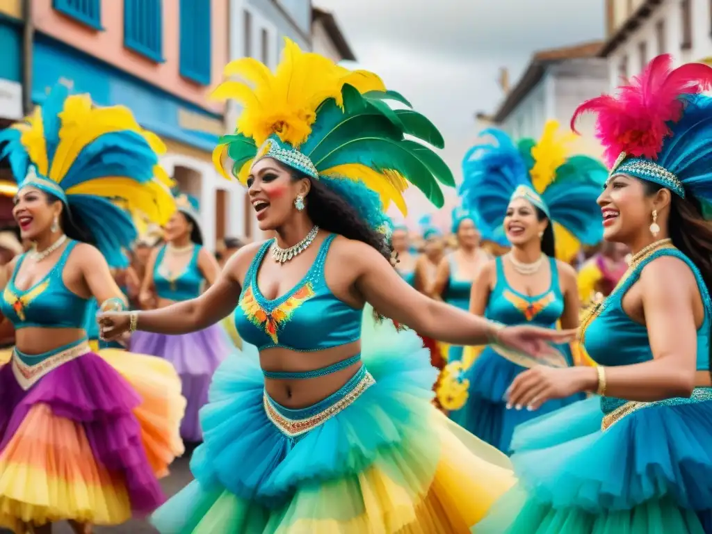 Grupo de mujeres diversas en vibrantes trajes de Carnaval en Uruguay, celebrando con alegría su participación en el desfile