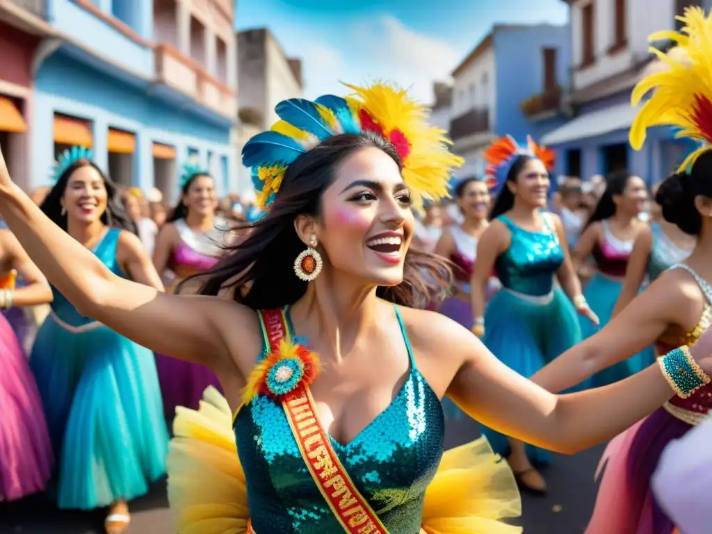 Grupo de mujeres empoderadas en coloridos trajes de comparsa uruguaya, bailando con alegría en desfile de carnaval