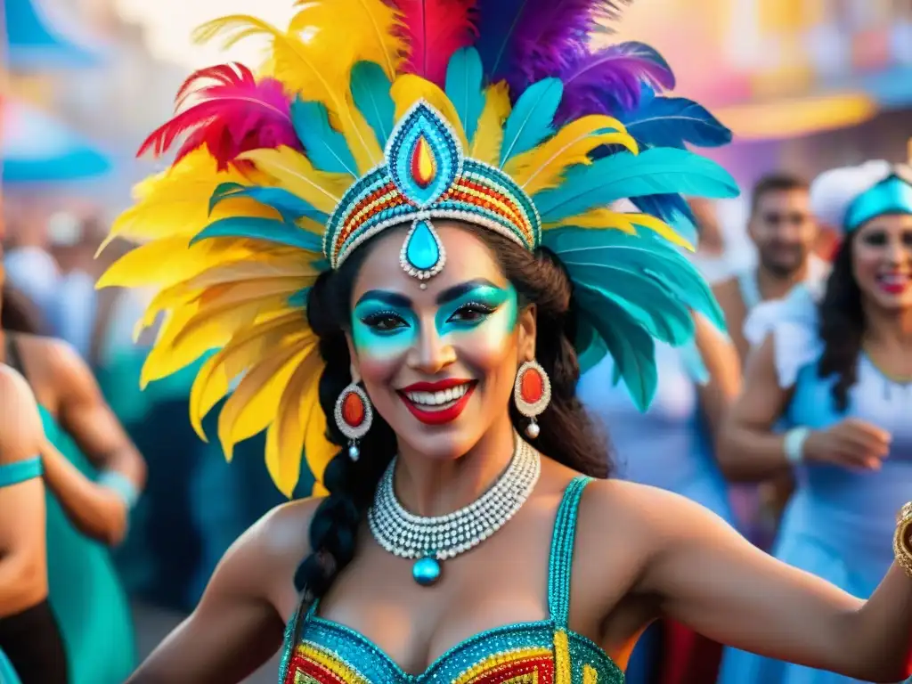 Un grupo de mujeres empoderadas y diversas bailando en un alegre Carnaval en Uruguay, rompiendo estereotipos