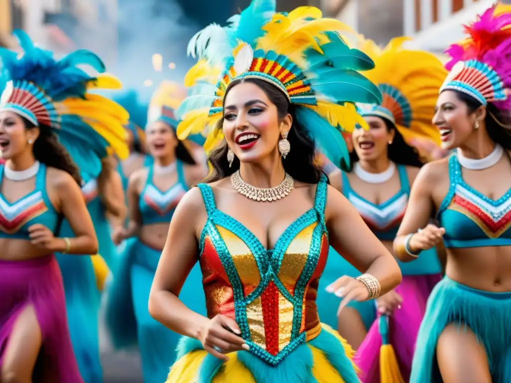 Un grupo de mujeres en trajes coloridos de carnaval uruguayo participando alegremente en una murga