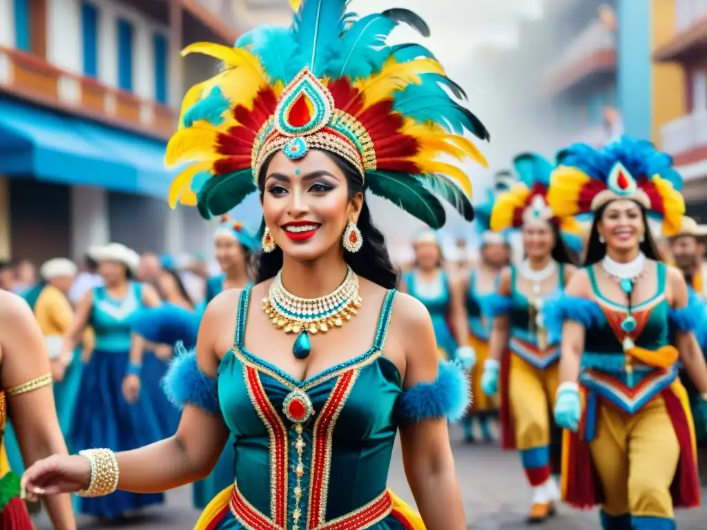 Grupo de mujeres en trajes coloridos del Carnaval Uruguayo, contribución mujeres Carnaval Uruguayo