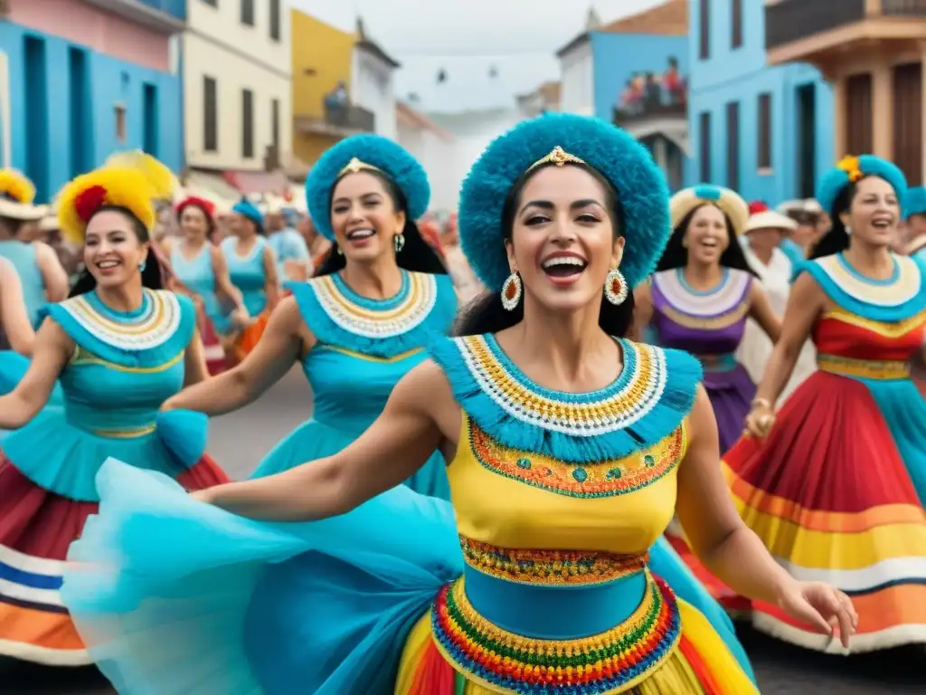 Grupo de mujeres vibrantes en trajes de comparsa, bailando alegres en desfile de Carnaval en Uruguay, expresando fuerza y unidad