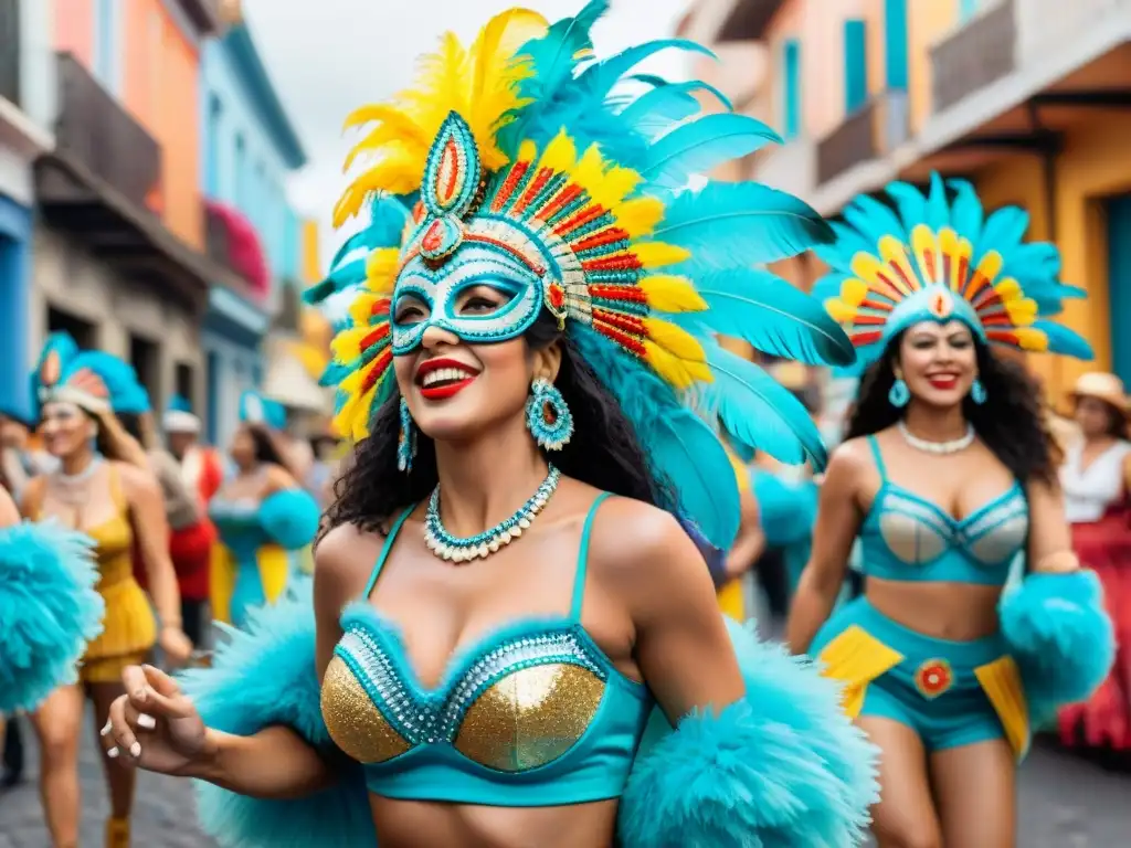 Un grupo de mujeres en vibrantes trajes de Carnaval bailando en las calles de Uruguay