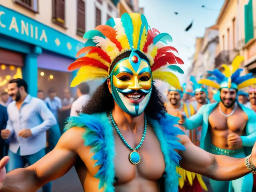 Grupo de murgueros coloridos bailando en el Carnaval de Montevideo, aprende Carnaval Uruguayo online