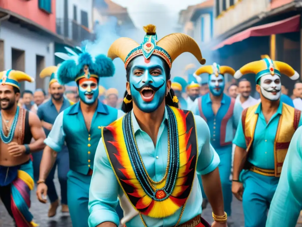 Grupo de murgueros con trajes coloridos y maquillaje vibrante en el Carnaval Uruguayo