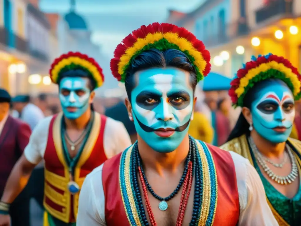 Grupo de murgueros con trajes coloridos y maquillaje en murgas uruguayas, actuando apasionadamente en el Carnaval de Montevideo