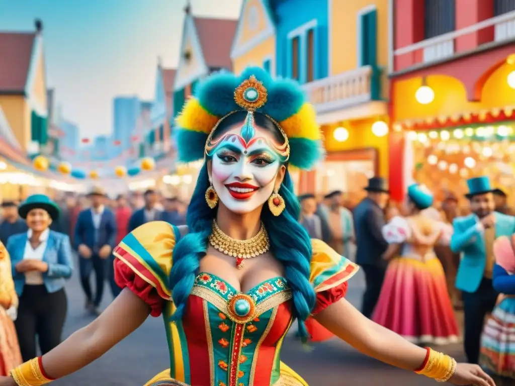 Grupo de murgueros con trajes coloridos y maquillaje llamativo, actuando con alegría en el carnaval