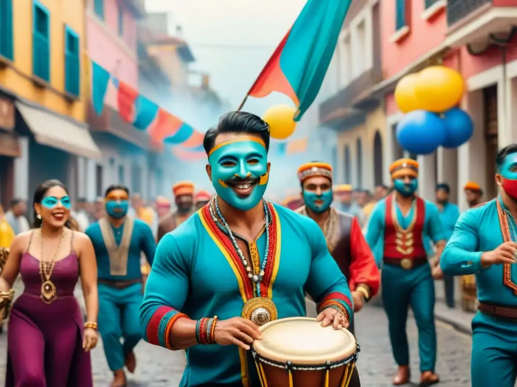 Grupo de murgueros con trajes coloridos y máscaras, tocando instrumentos tradicionales en el Carnaval Uruguayo