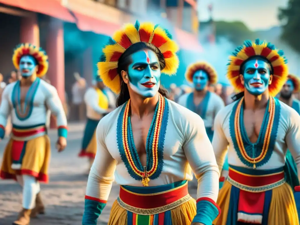 Grupo de murgueros uruguayos con maquillaje y trajes coloridos en escena festiva