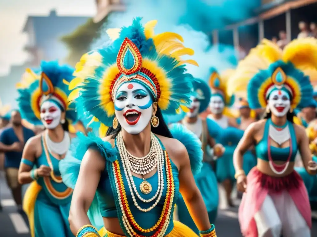 Grupo de murgueros vibrantes en desfile de carnaval en Uruguay