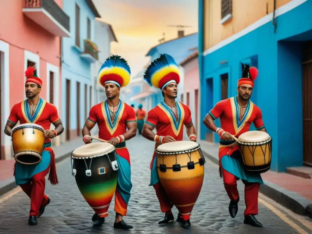 Grupo de músicos AfroUruguayos tocando tambores de Candombe en la calle al atardecer