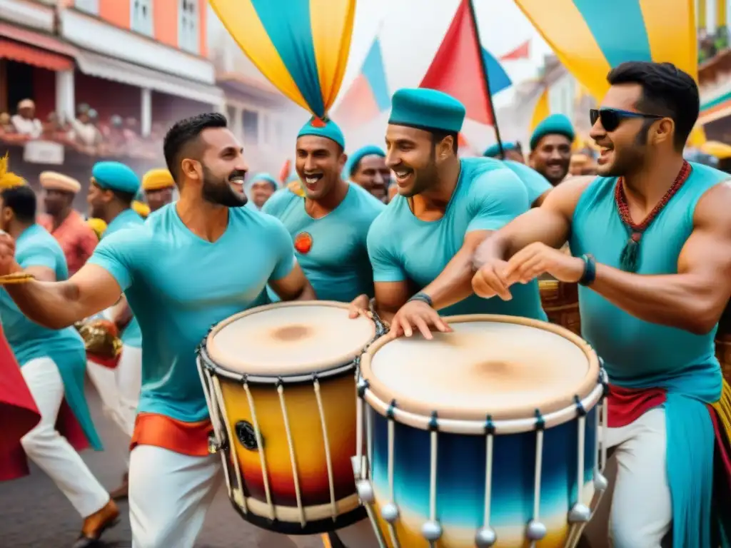 Grupo de músicos AfroUruguayos en trajes de Candombe tocando tambores y bailando, rodeados de banderas y espectadores animados en el Carnaval Uruguayo