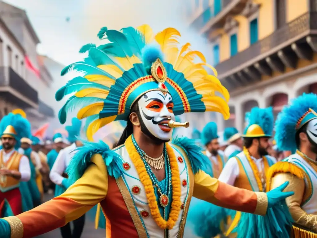 Grupo de músicos con protección auditiva en el Carnaval de Uruguay, vibrante y colorido