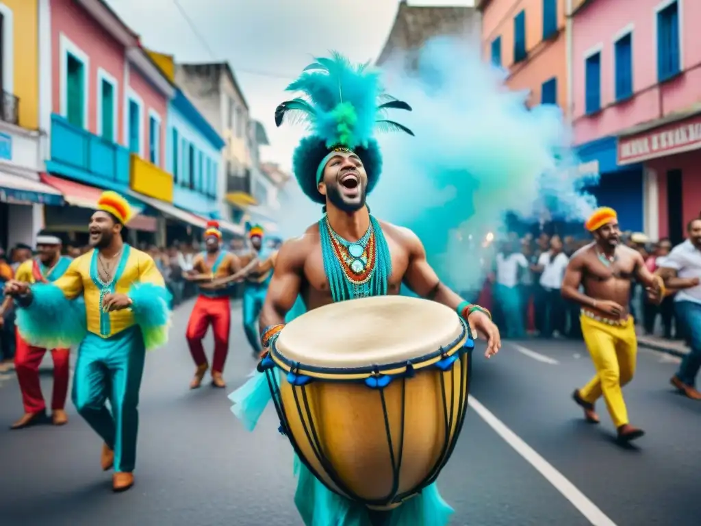 Grupo de músicos tocando instrumentos típicos del Carnaval Uruguayo en una animada calle llena de alegría y color