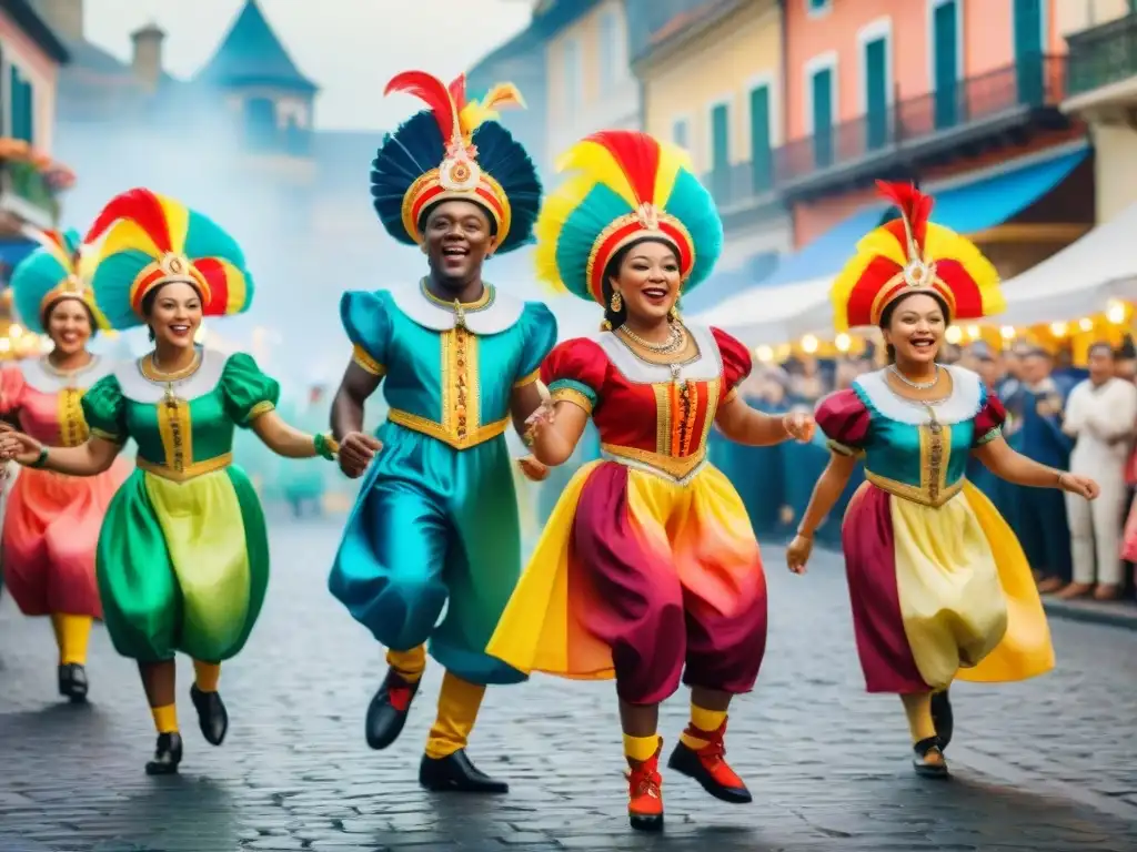 Grupo de niños en coloridos trajes de carnaval, bailando alegres en desfile