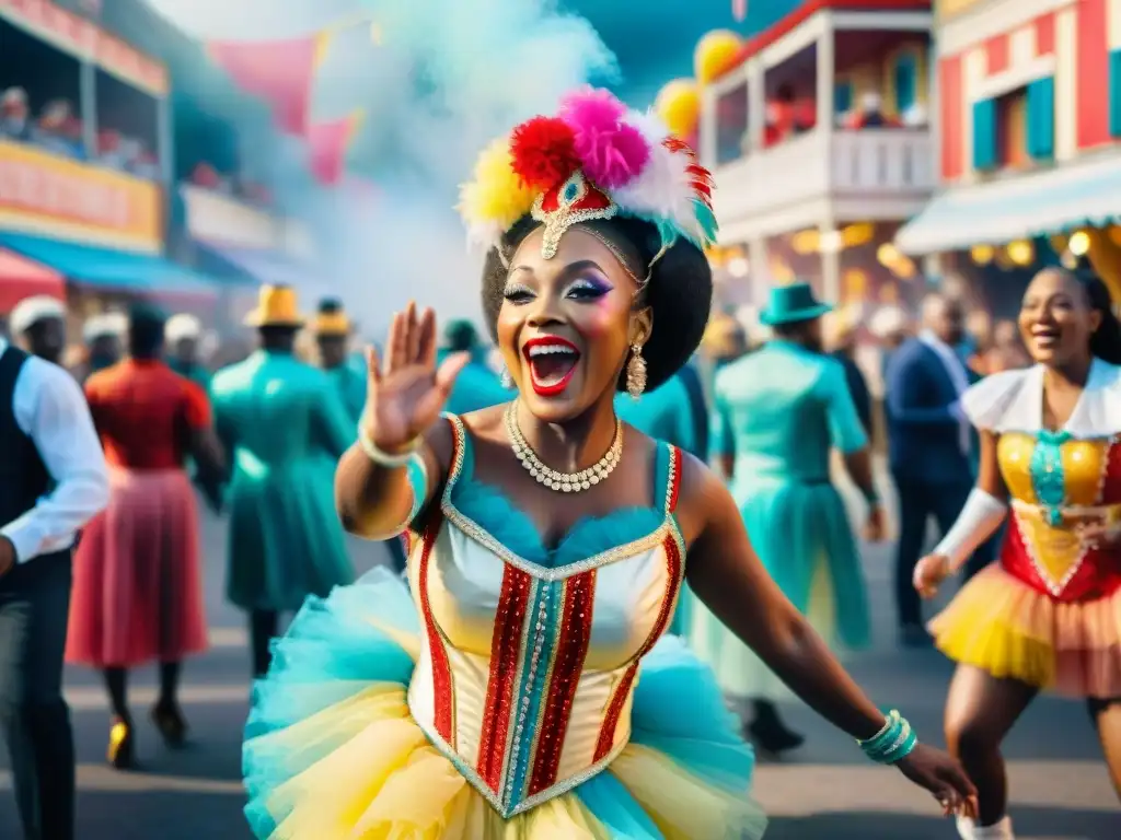 Grupo de niños de diversas culturas en trajes de Carnaval, celebrando con alegría y tradición en un desfile colorido