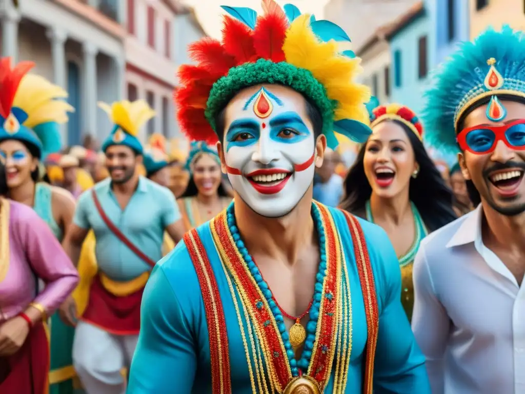 Grupo de niños disfrutando del vibrante Carnaval Uruguayo con coloridos trajes y música alegre