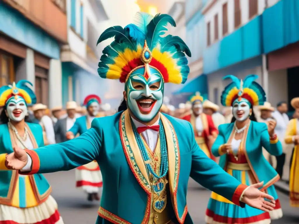 Un grupo de parodistas uruguayos en vibrantes trajes y máscaras, bailando y cantando durante el Carnaval